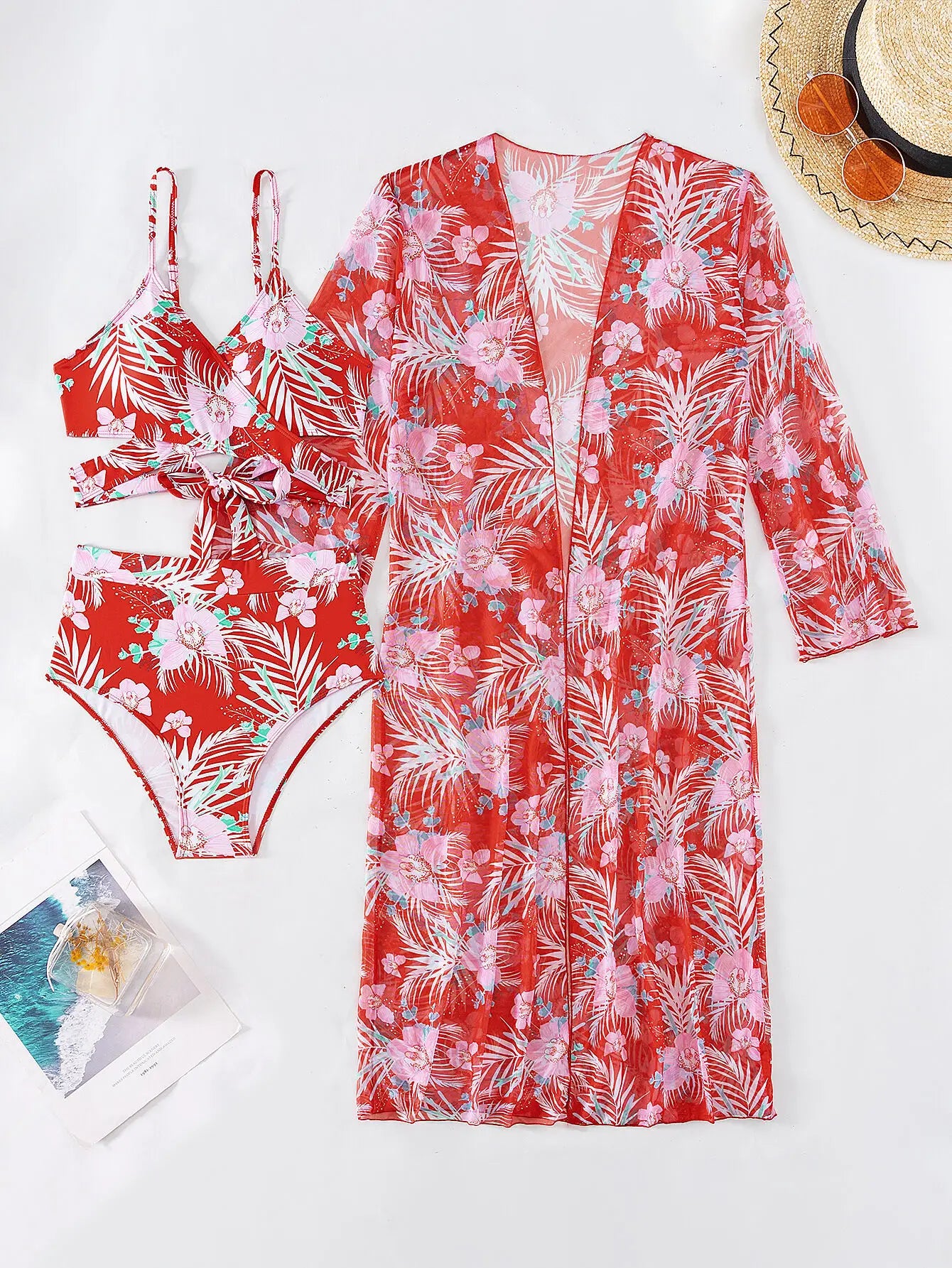 Sommer Print Schwimmanzüge: ASKATE Verbesserte Unterstützung Wire-Free Support Nylon Spandex - Dreiteilig High Waist Strand Wear Floraler Print