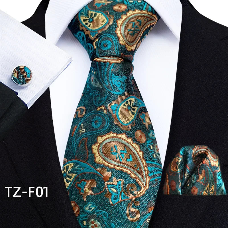 Luxury Mens Ties Floral Black Gold Ties Paisley Grid NeckTie Pocket Square Cufflinks Set Men's Wedding Party Tie