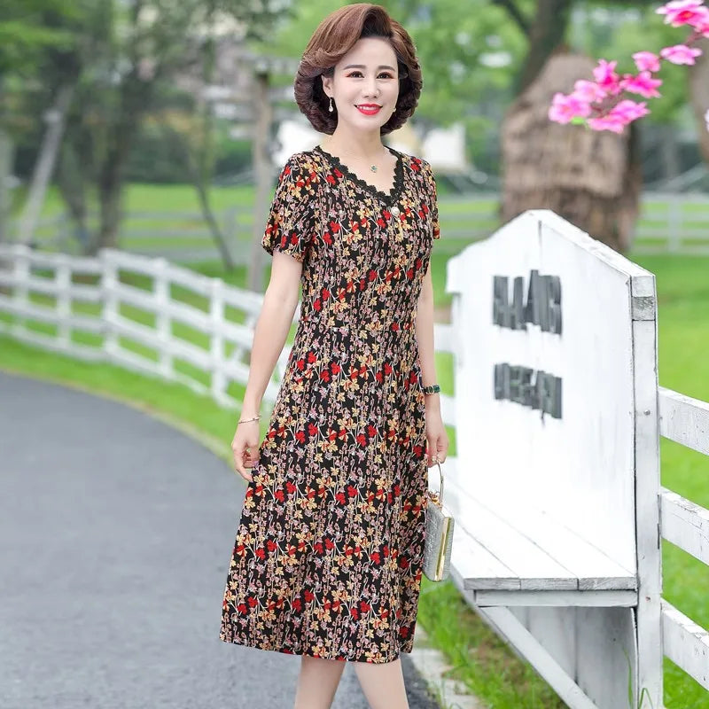 Elegant Women Dress Elegant Casual V-Neck Print Vintage Ladies Mid-Calf High Waist Summer Bohemian Dresses