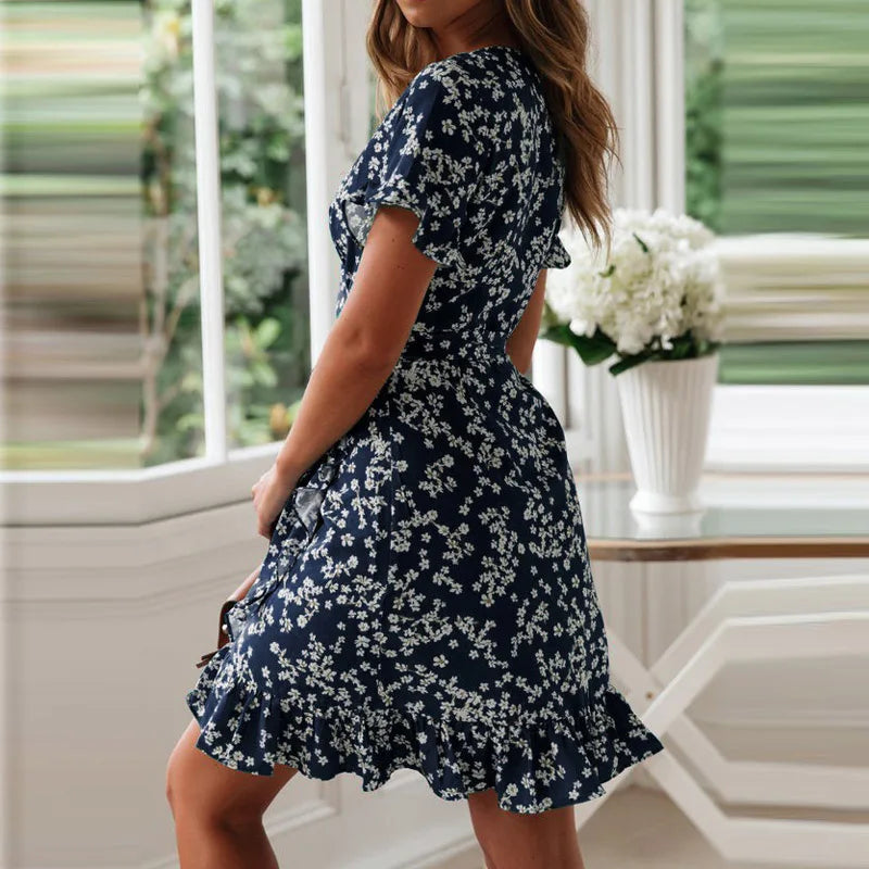 Boho Floral Print Ruffles Women Dress Summer Sexy V Neck Short Sleeve A Line Chiffon Mini Dresses Beach Vacation Sundress