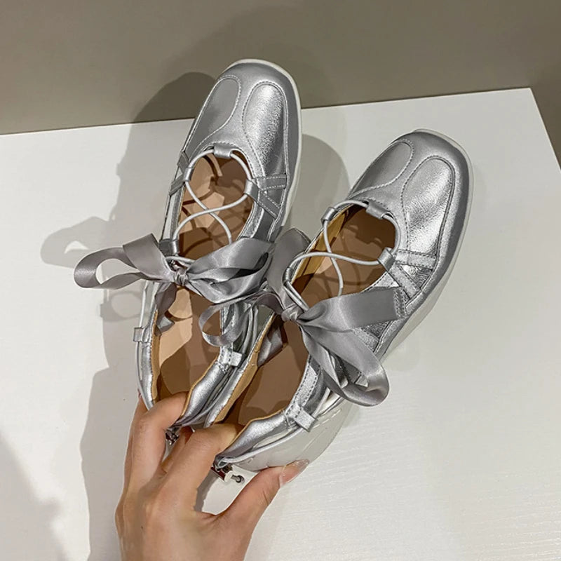Ballet Flat Sneakers Women's Thick Bottom Bowknot Hollow Out Shoes Fashion Designer Mary Jane Ballet Comfort Shoes Female