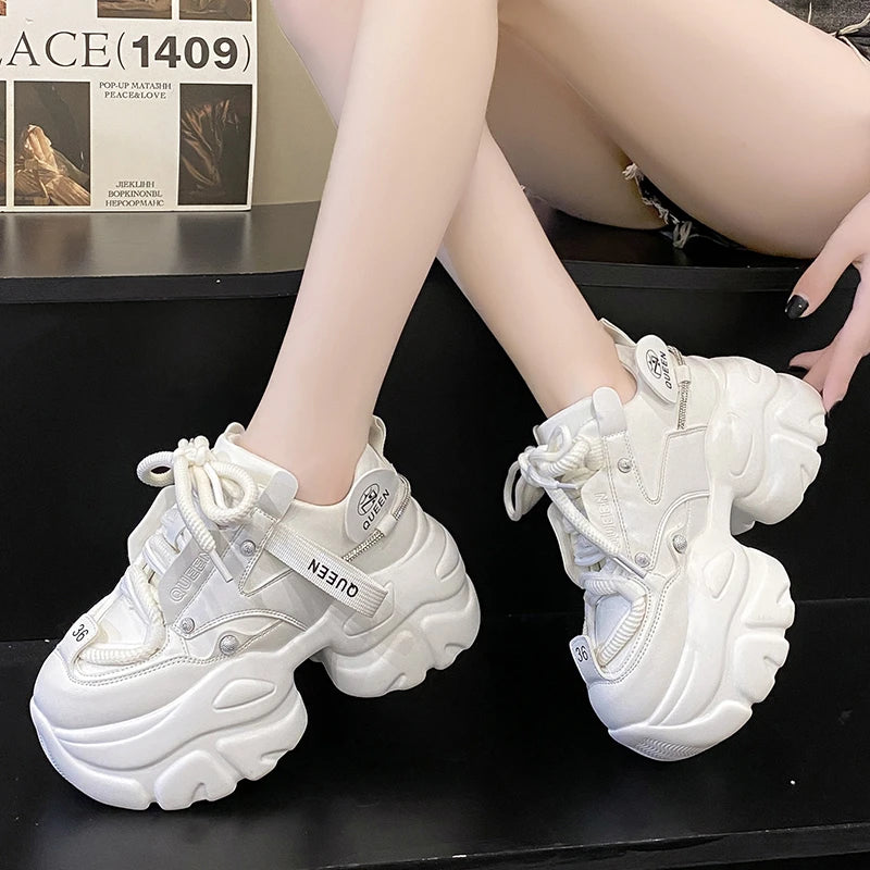 White Chunky Sneakers Women New Autumn Hidden Heel Platform Sports Dad Shoes Woman Lace Up Breathable Mesh Casual Shoes 9.5CM