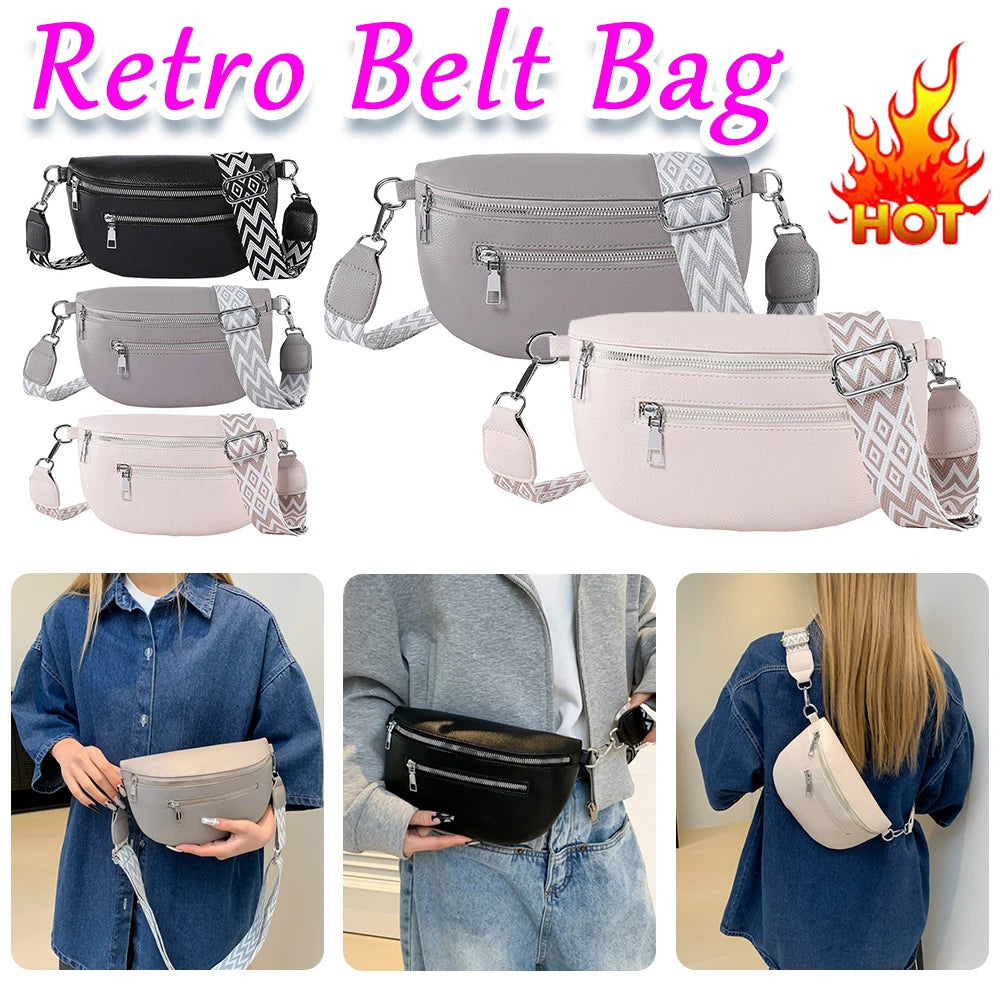 Women Stylish Crossbody Bag with Wide Strap Vintage Chest Bag Multi-pocket Fashion Sling Bag Travel Outdoor Bag