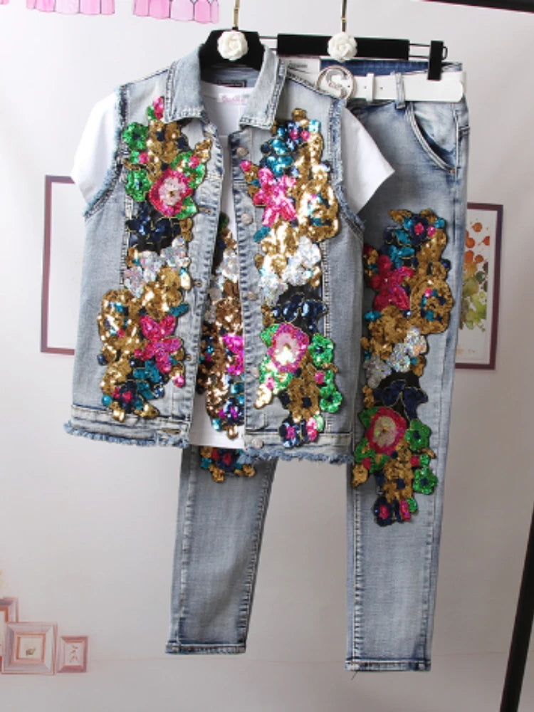 European Style Denim Jacket Fashion Outfit Women New Flower Sequined jeans Vest coat