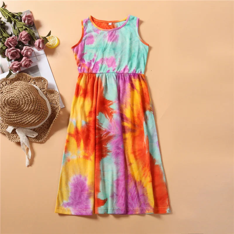 Mother Daughter Matching Dresses Family Sets Floral Fashion Woman Girls Long Dress Outfits Sleeveless Family Look Dress