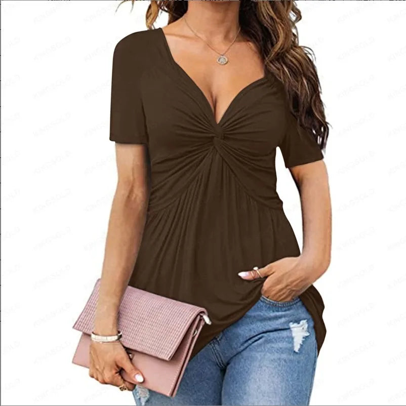 Women Tshirt Twisted V-Neck Short Sleeve Solid Color Sexy Office Lady Casual Slim 2025 Summer Fashion Tee Tops Femme Clothing