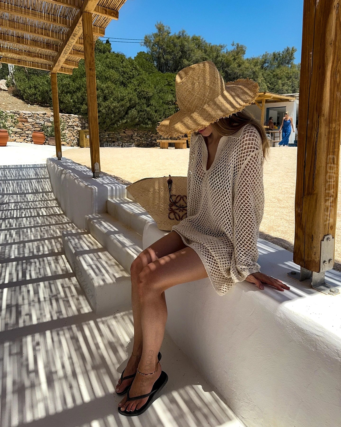 Einfarbig Strand Stricken Mini Kleid - Frauen Sommer Elegant Dekorative Details Langarm - Badeanzug Cover Up Boho Urlaub Lose Beachwear