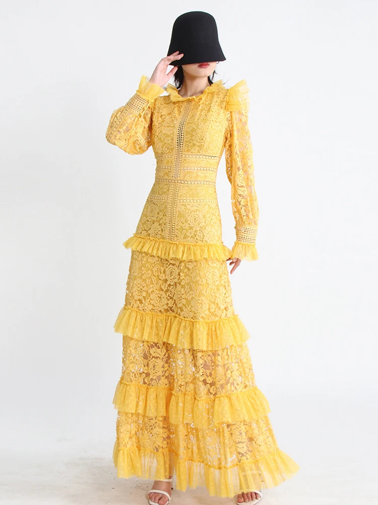 TWOTWINSTYLE Elegant Dresses For Women Stand Collar Long Sleeve High Waist Embroidery Slim Dress Female Fashion Clothing 2023