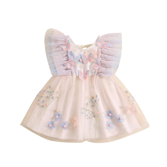 Toddler Kid Girls Dress Children Flower Butterfly Embroidery Fly Sleeve V-Neck Dress Summer Fashion Casual Princess Dress