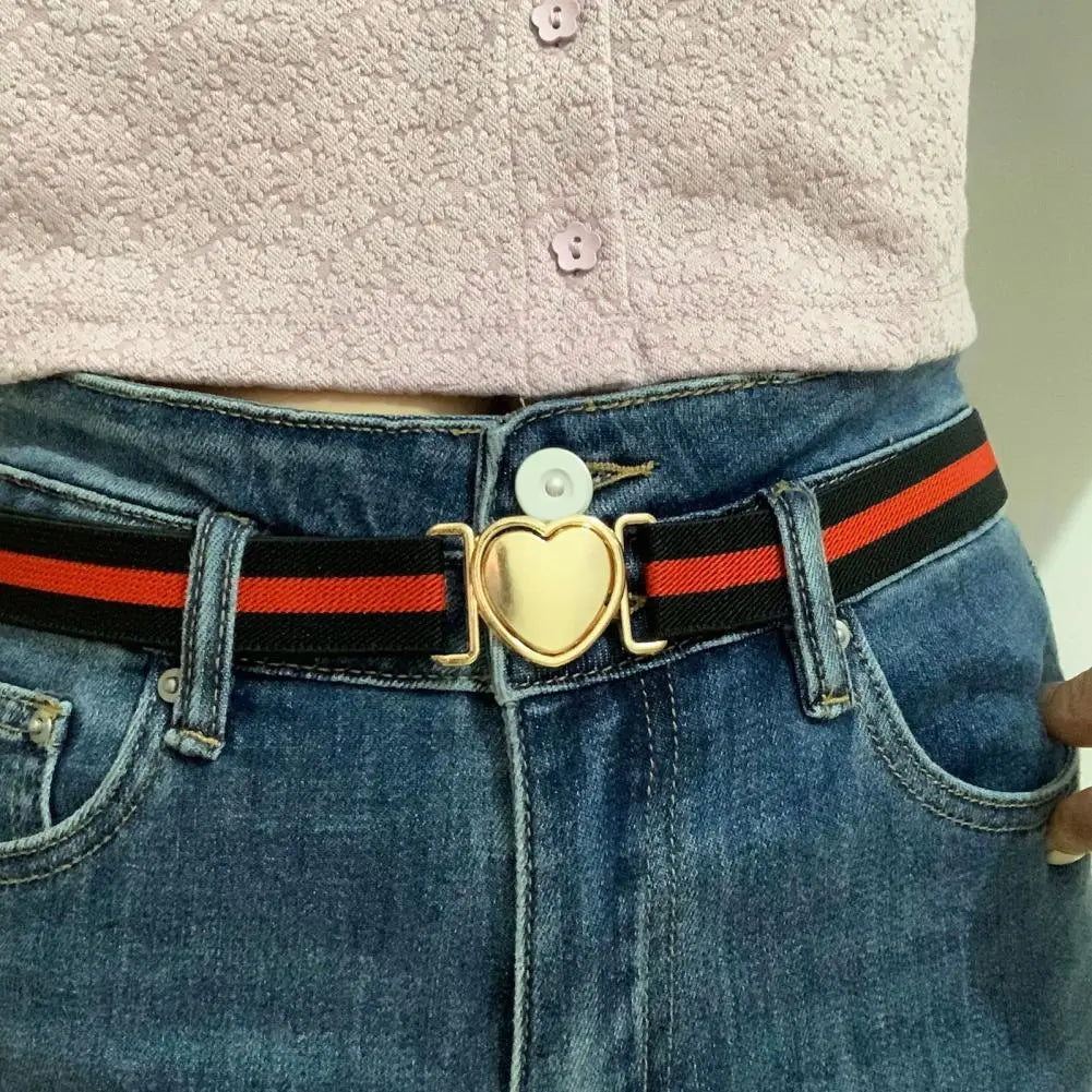 Unisex Belt Contrast Color Banded Metallic Heart Buckle Waistband Adjustable Elastic Band Girl Waist Strap Elastic Waist Band