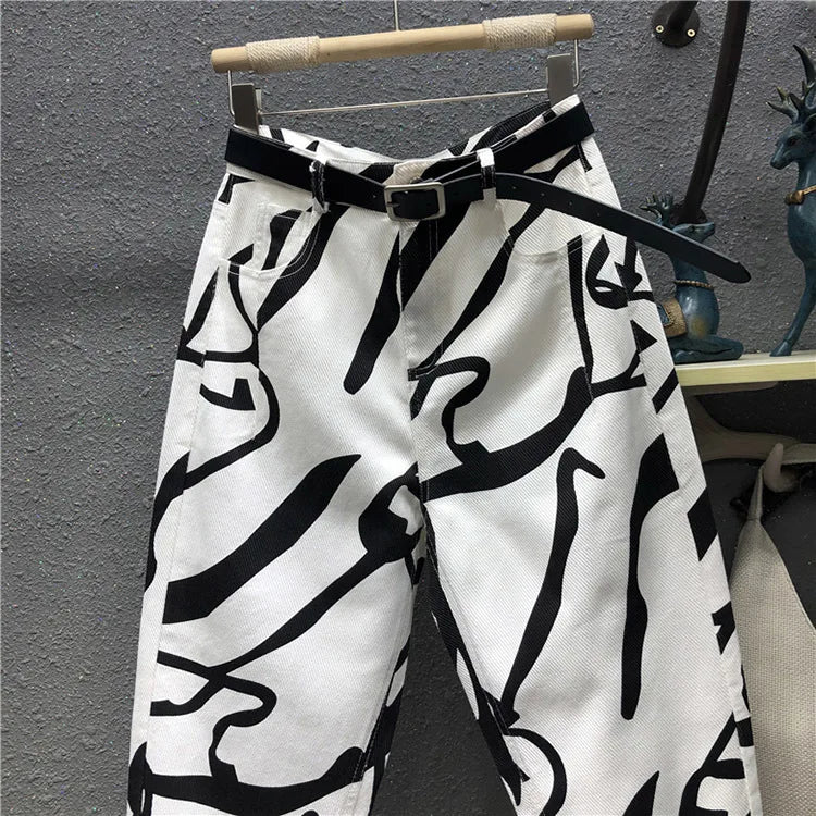 Blugi pentru femei 2025 - Stil streetwear la modă, imprimeu graffiti, talie înaltă, spălat, larg, drept