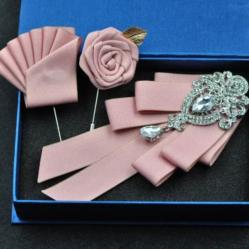 Fashion Handmade Bow Tie Wedding Collar Luxury Rhinestone Bowtie Necktie Brooch Pocket Towel Square Set Gift for Men Accessories
