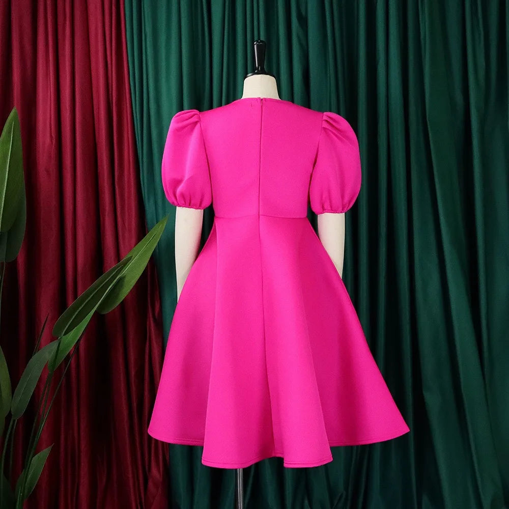 Elegante Kleider Für Frauen 2024 O-Ausschnitt Kurze Ärmel Hohe Taille Plissiert Midi Luxus Weiblich Geburtstag Party Dinner Vestidos