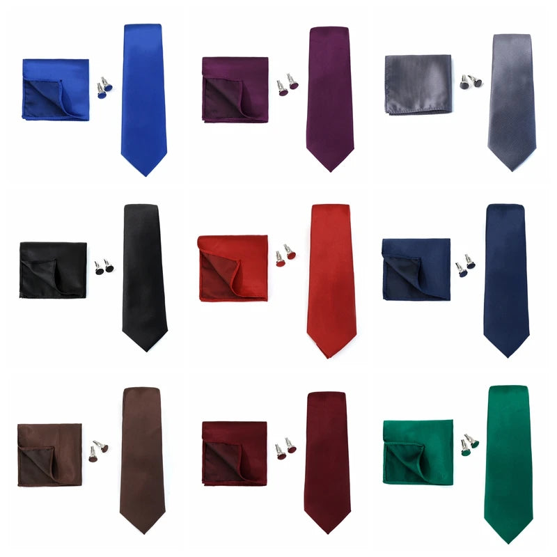 Necktie Fashion Brand Handmade Solid Necktie Handkerchief Cufflinks Set For Men Ties Suit Shirts Wedding Accessories Man Gifts