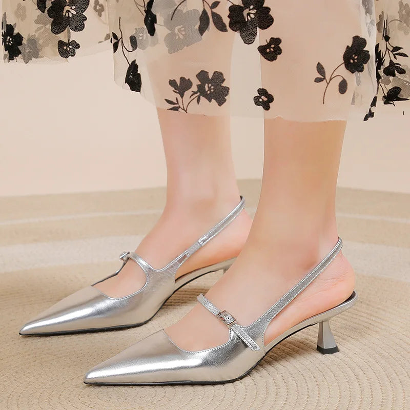 Shoes for Women 2025 New Pointed Toe Women's High Quality Slingback Sandals Simple and Elegant Dress Shoes Silver Heels Women