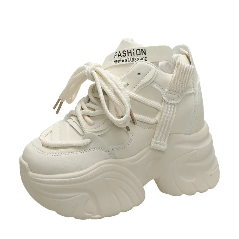 Women Walking Sneakers Autumn Lace-up High Platform Chunky Shoes Breathable Leather Shoes 10.5CM Winter Wedge Heels Casual Shoes - Golden Bridge Store