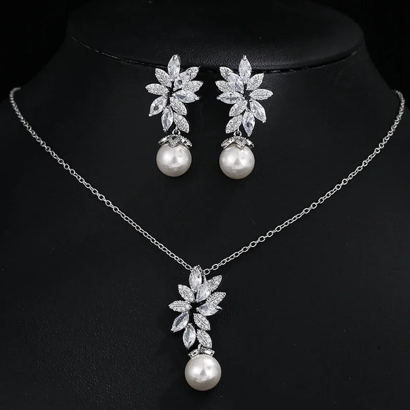 Luxus Silberfarbe AAA+ Cubic Zirkonia - Damen Große Perlen Halskette Anhänger und Ohrringe - Schmuck Sets Geschenk