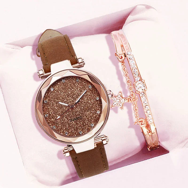 Casual Uhren Damen Romantischer Sternenhimmel - Uhr Armband Leder Strass Designer - Damen Uhr Einfaches Kleid Geschenk