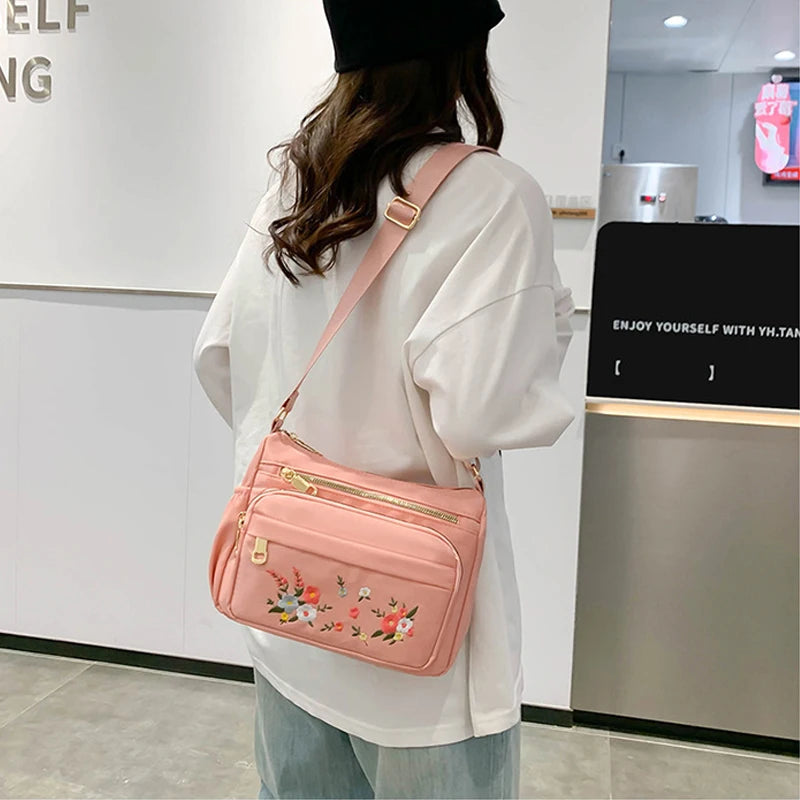 Casual Crossbody Backpack Ladies Oxford Cloth Shoulder Bag Fashion Embroidery Flower Zipper Travel Handbag
