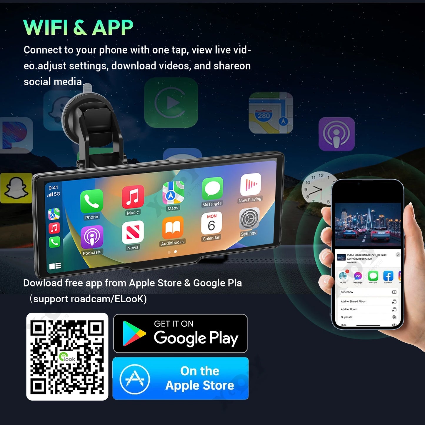 4K 10.26" Touchscreen Auto DVR Dashcam - Kabellos Apple CarPlay Android Auto Dual Lens Video Recorder