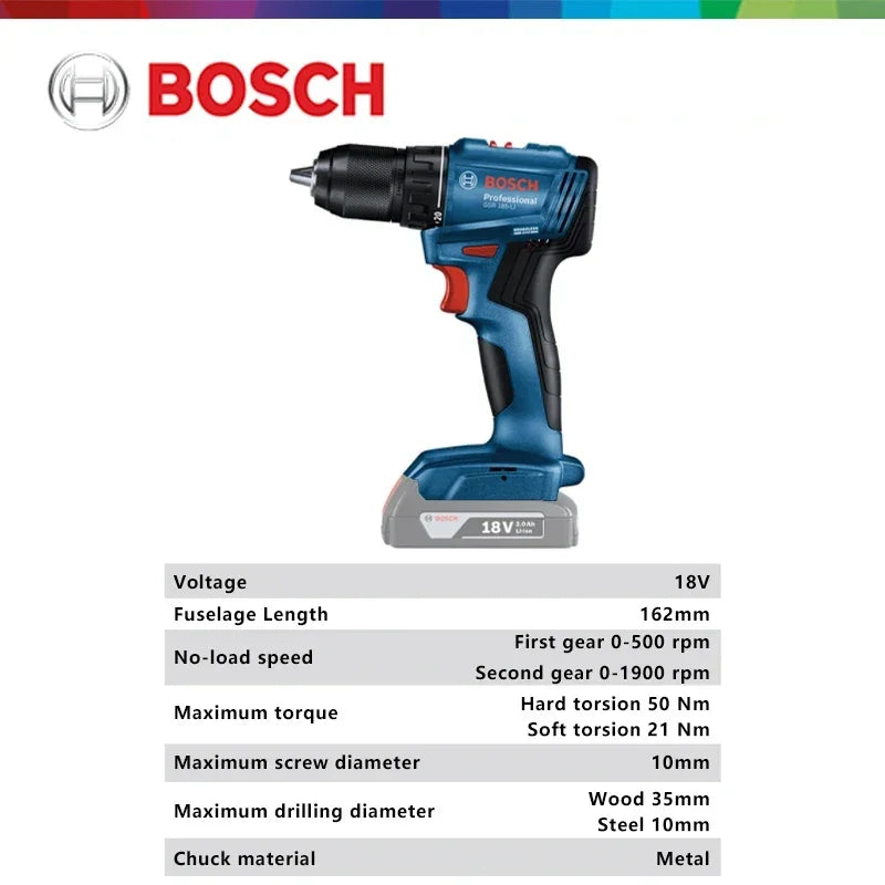 Bosch GSR 185-Li Cordless Drill Electric Screwdriver 18V Brushless Motor Rechargeable Drill Driver Power Tools for Metal Wood