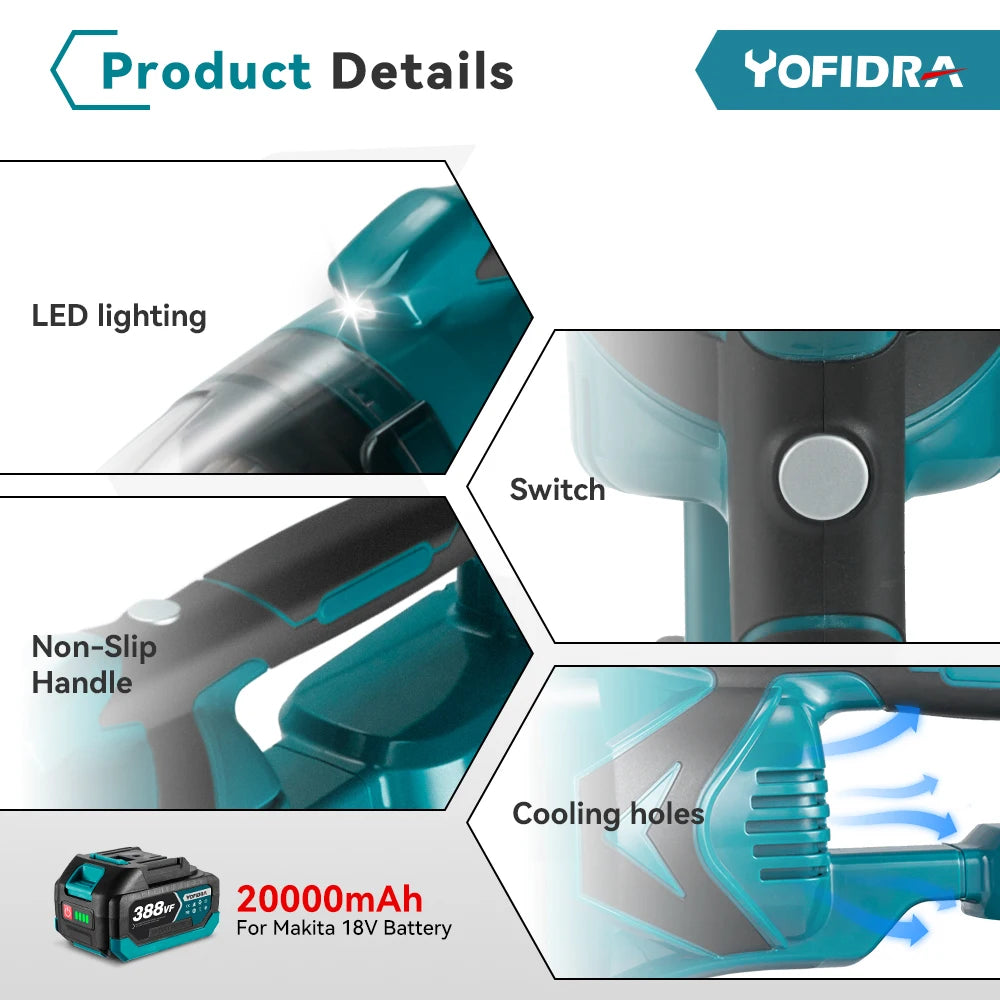 YOFIDRA 1500W Elektrischer Staubsauger - Kabellos Multifunktion Handheld Reinigung Schnee Staub für 21V 18V Akku