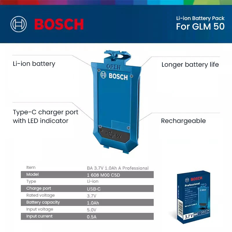 Bosch Laser Range Finder 3.7V Li-ion Battery Type-C Rechargeable Replacement Battery For GLM50-22 GLM50-25 GLM50-27 GLM50-23