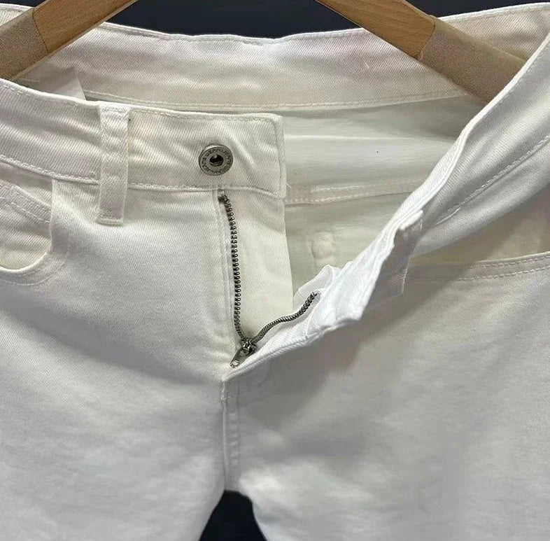 Jeans for Men White High Quality Trousers Slim Fit Tight Pipe Male Cowboy Pants Solid Skinny Stacked 2024 Korean Autumn Buggy Xs