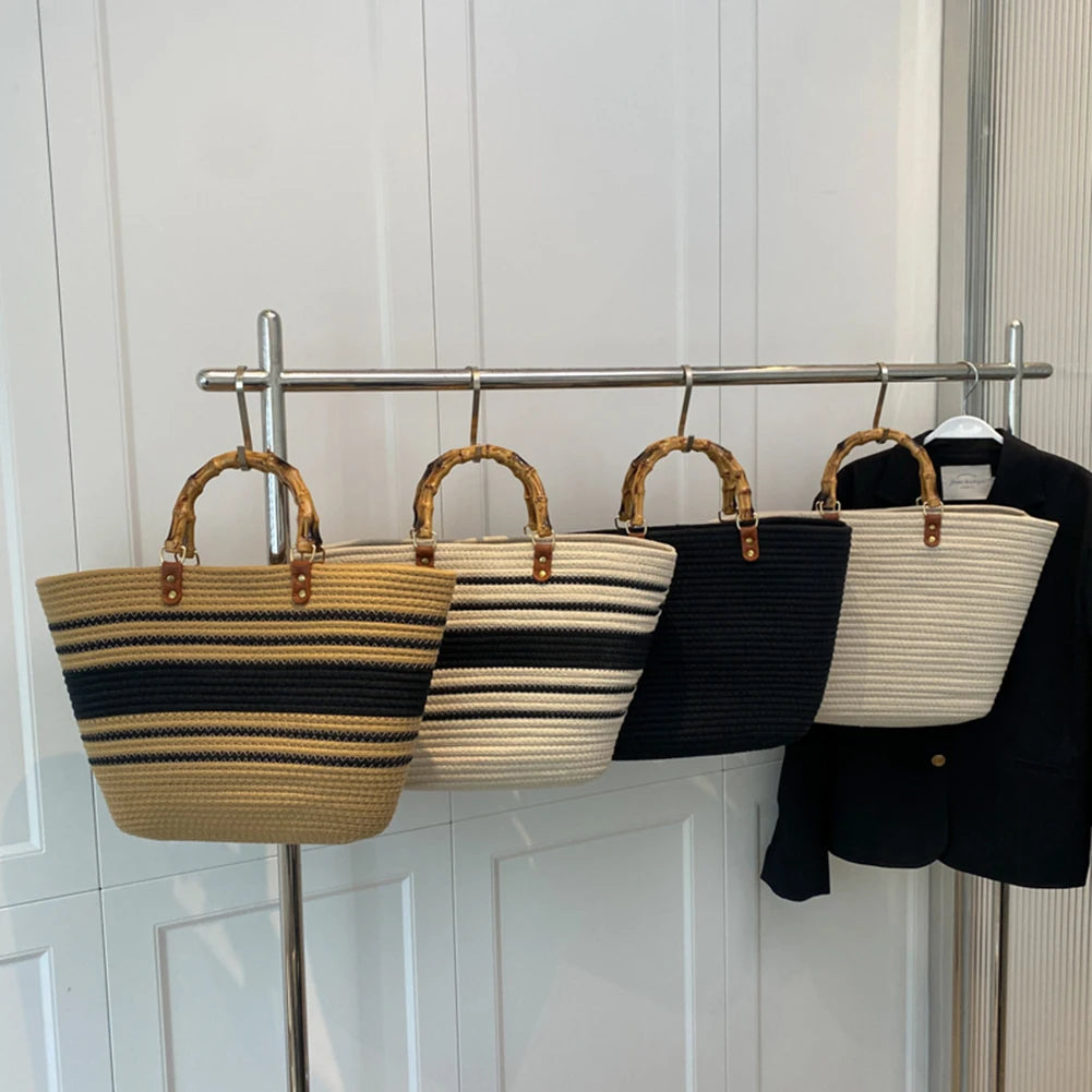 Beach Vacation Bags Bamboo Handle Women Weaving Bag Large Capacity Striped Portable Casual Fashion Exquisite for Seaside Party