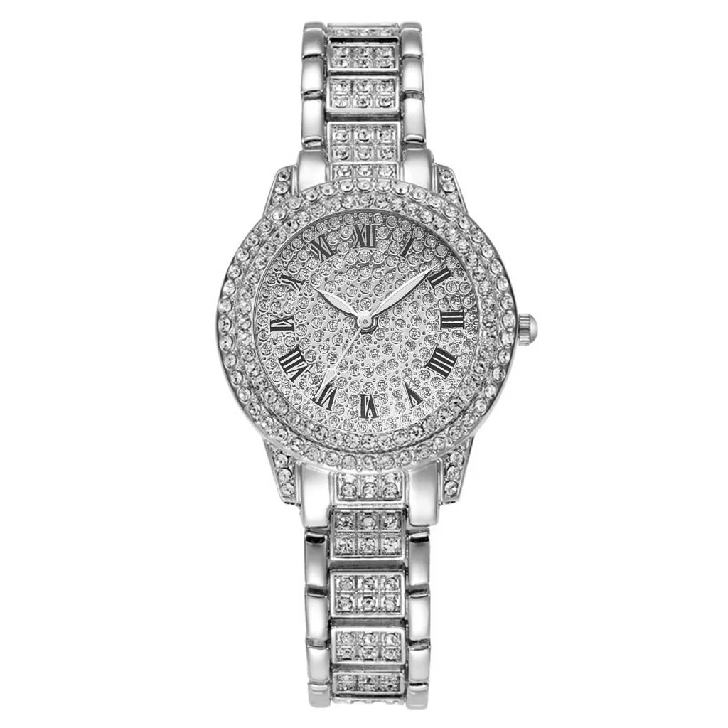 Mode Luxus Vollkristall 5-teiliges Set - Uhr Halskette Ohrringe Ring Set für Damen - Strass Armbanduhr Damen Armband Set Geschenk