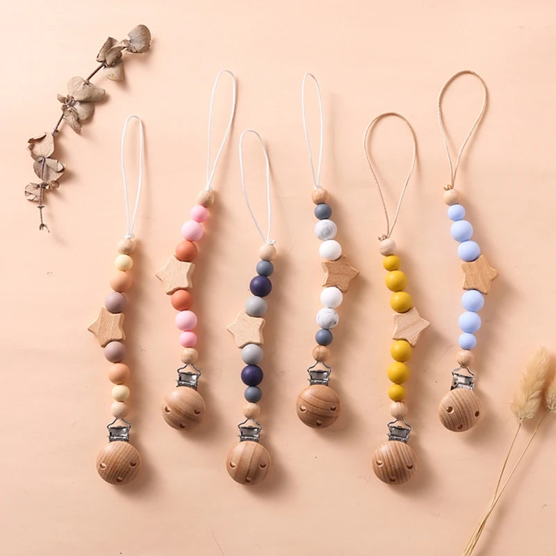 Lanț pentru suzeta bebelușilor, cu stele, personalizabile, cu mărgele, cleme din lemn pentru suzetă, fără BPA, lucrate manual, lanț pentru sugari, lanț pentru alăptarea sugarilor