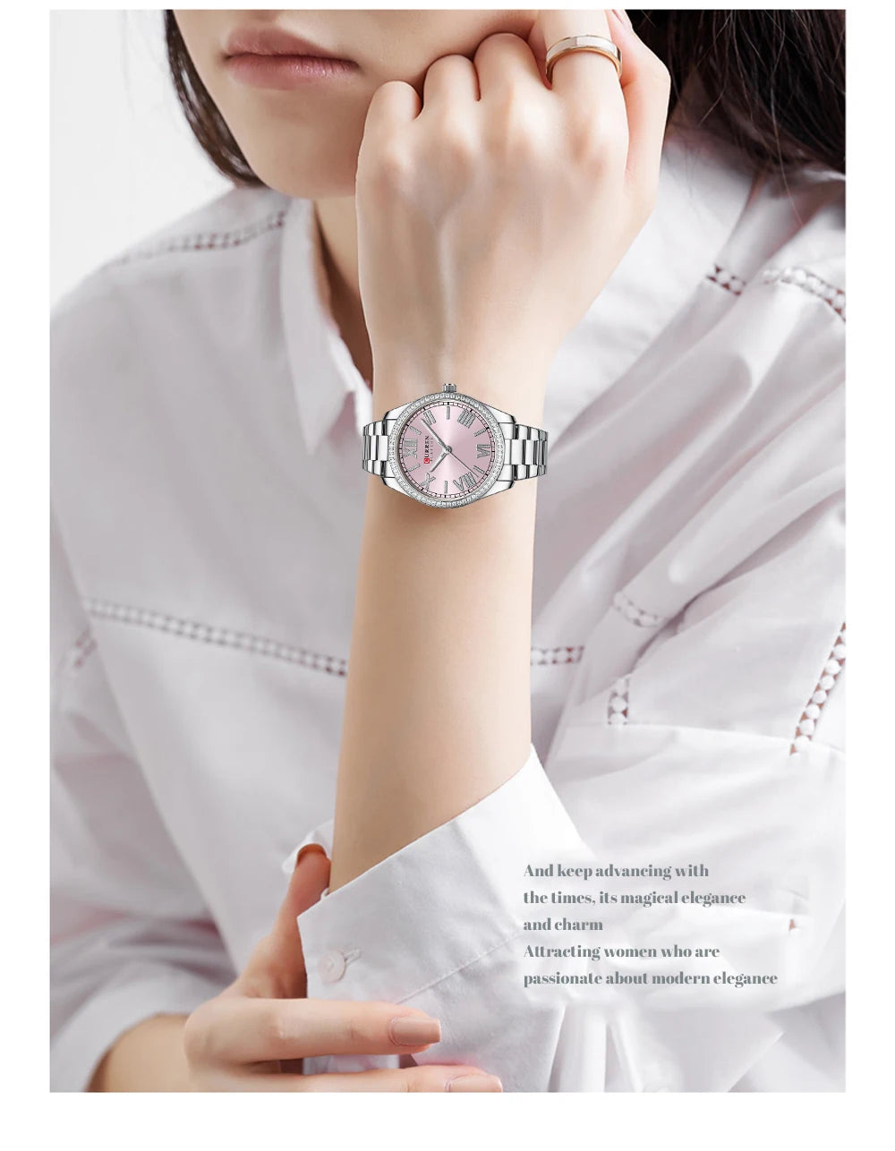 CURREN Luxus Uhr Damen Ring Halskette Ohrringe - Strass Mode Armbanduhr Weiblich Casual Damen Uhren Armband 5-teiliges Set