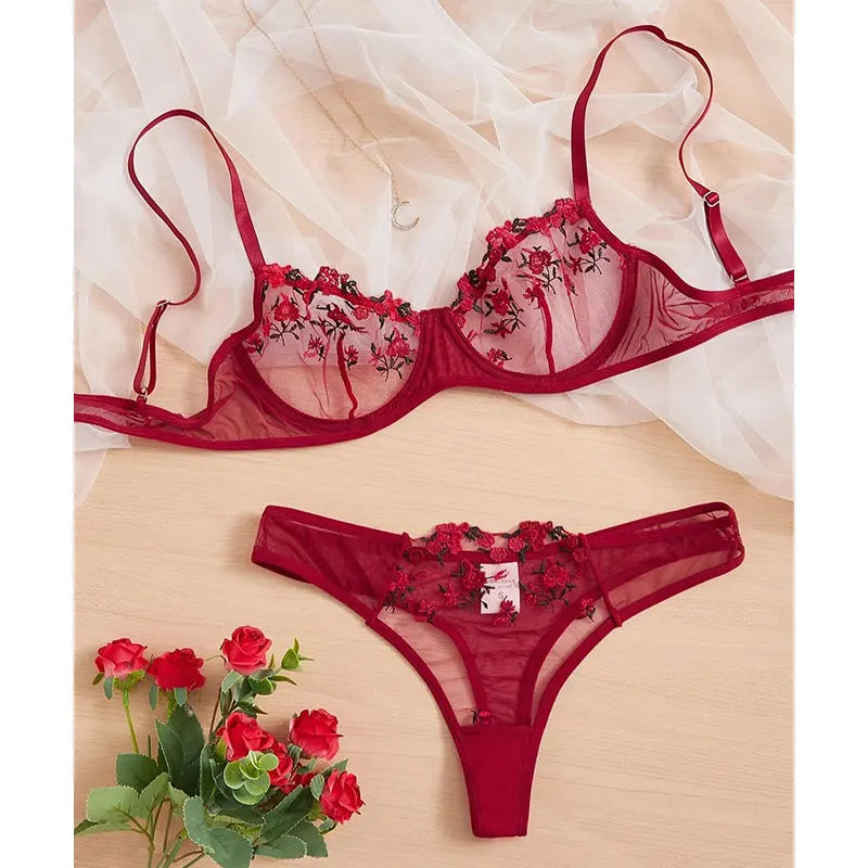 Fashion Embroidery Underwear Transparent Lingerie Sexy Floral Lace Short Skin Care Kits Delicate Fairy Set Woman 2 Pieces