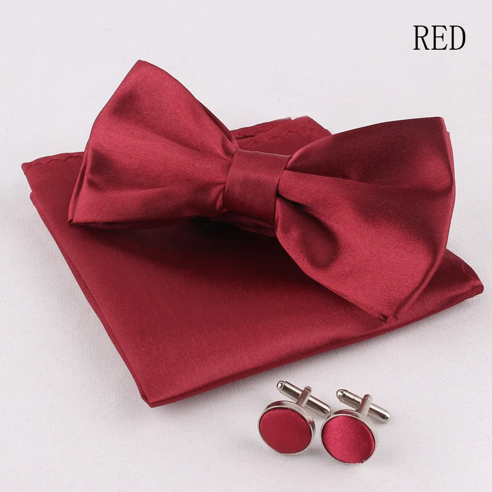 Solid Colors Polyester Adjustable Men's Accessory Set Elegant Pre-Tied Bow Tie Matching Pocket Square & Cufflinks for Wedding