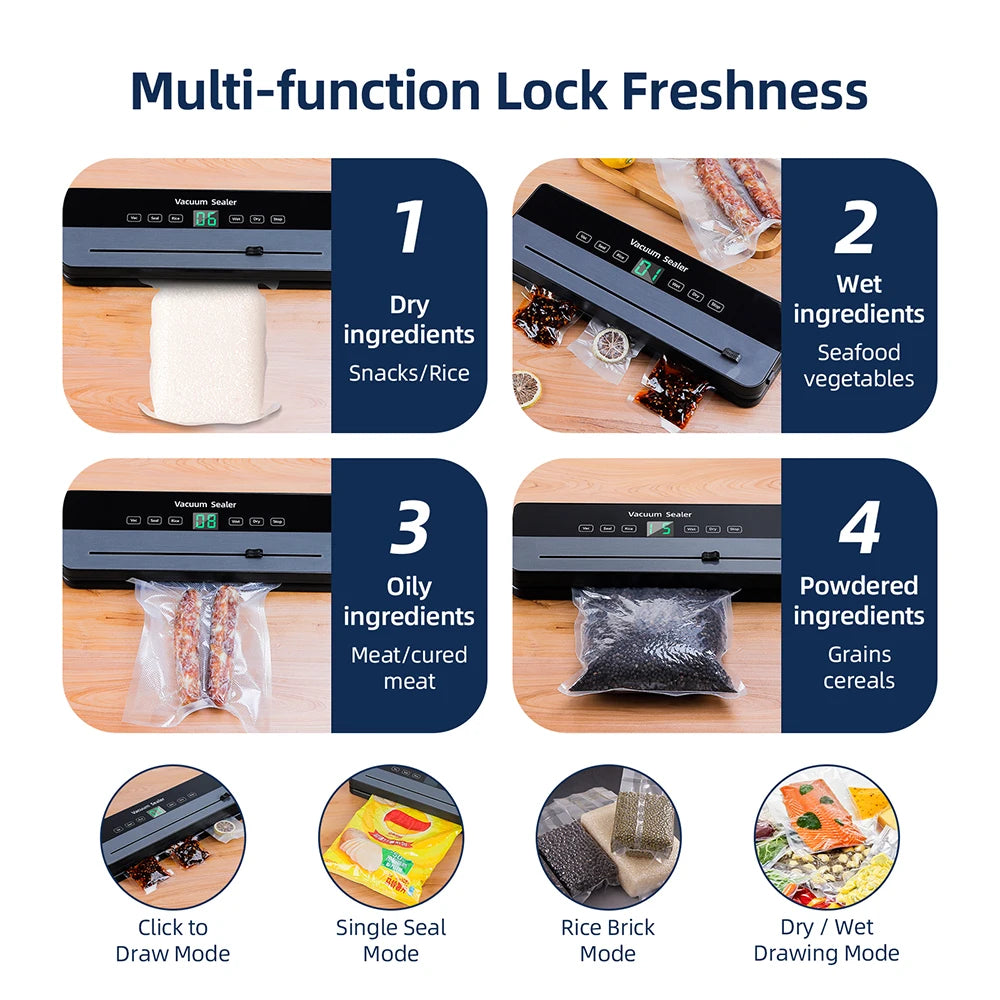 Electric Vacuum Sealer Machine Dry/Wet Food Packaging Seal To Keep Fresh Touch Buttons Digital Display Detachable Cleaning