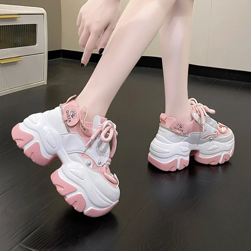 White Chunky Sneakers Women New Autumn Hidden Heel Platform Sports Dad Shoes Woman Lace Up Breathable Mesh Casual Shoes 9.5CM