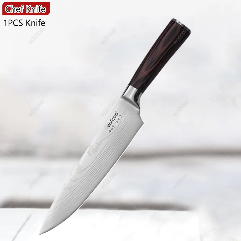 WXCOO Professional Kitchen Chef Knife Damascus Steel Laser Pattern Santoku Knife Double Side Magnetic Kitchen Knife Block