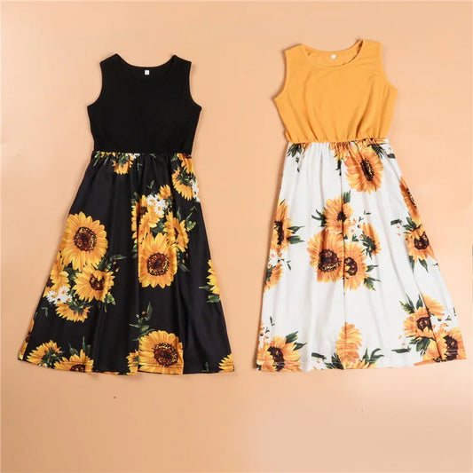 Mother Daughter Matching Dresses Family Sets Floral Fashion Woman Girls Long Dress Outfits Sleeveless Family Look Dress - Golden Bridge Store