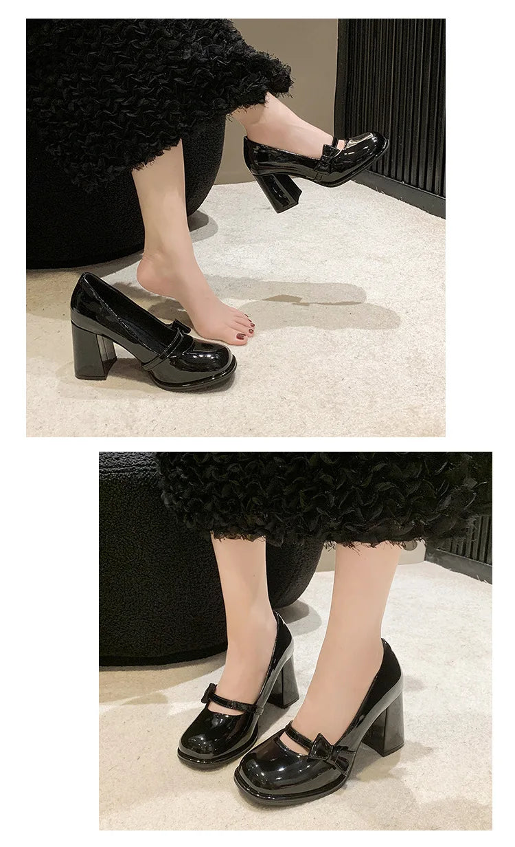 Elegant Heel Shoes Ladies 8cm High Heel Bowknot Solid Mary Jane Zapatos Adult Dress Pink White Black Cosplay Footwear