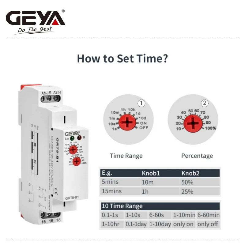 GEYA GRT8-B Off Delay Time Relay Electronic 16A AC230V OR AC/DC12-240V CE CB Approved