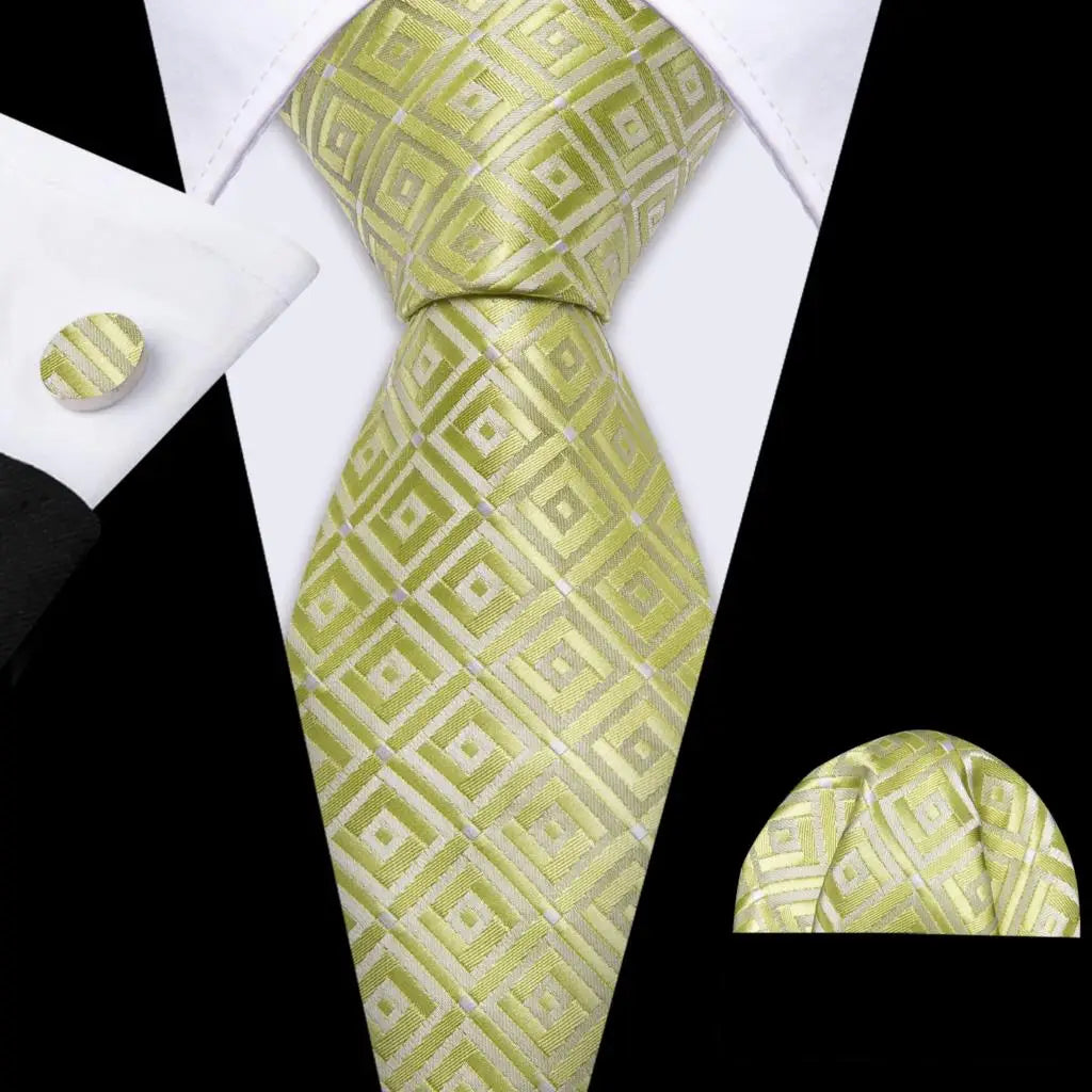 Fashion Silk Men Tie Set Gold Yellow Orange Solid Paisley Striped Plaid Floral Necktie Pocket Square Cufflinks Wedding Business