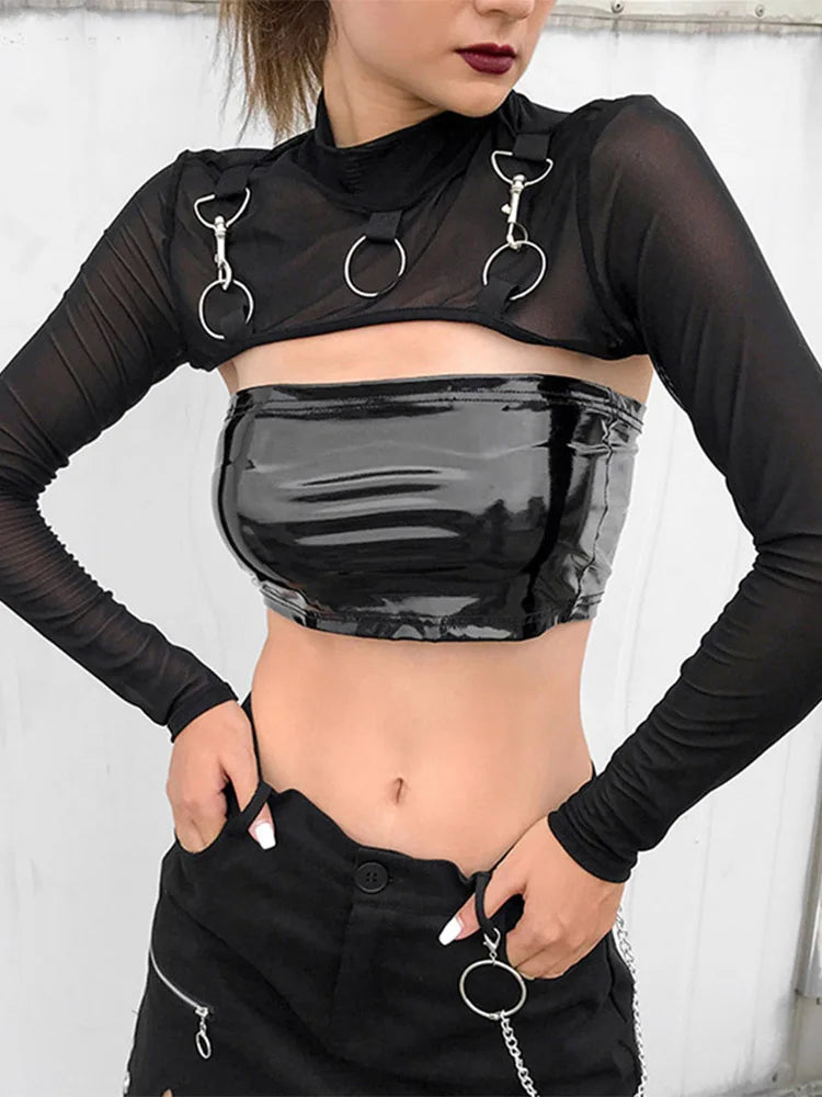 Women T-Shirt elegant Hip Hop Gothic Lady Micro Short Metal Chain Lace See-through Mesh Long Sleeve Turtleneck Hot Tops