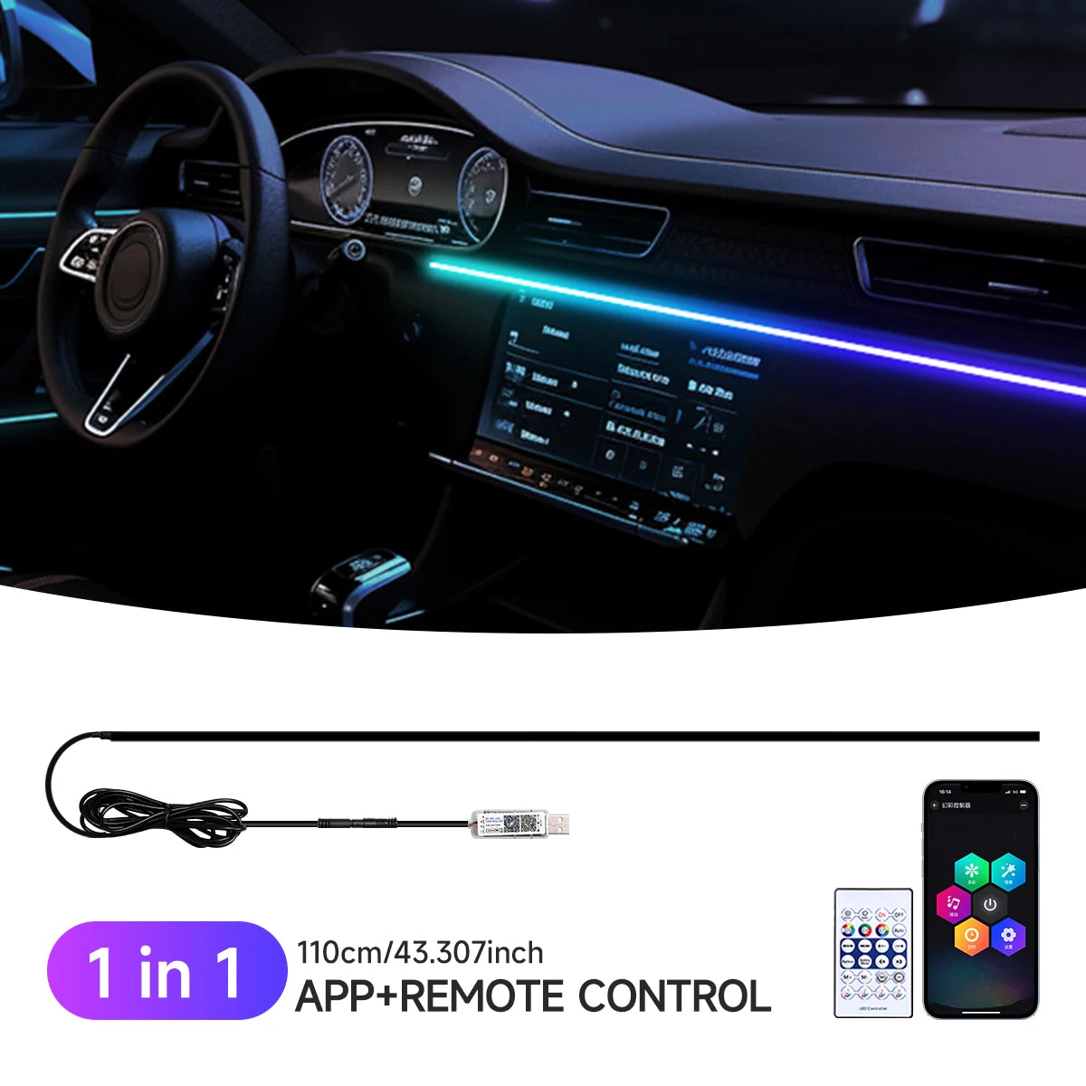 Auto-Ambientelicht 2025: RGB USB Car Interior Ambient Light Rainbow - Acrylic Strip LED Symphony APP Music Control Decorative Dashboard Atmosphere Lamp Collection
