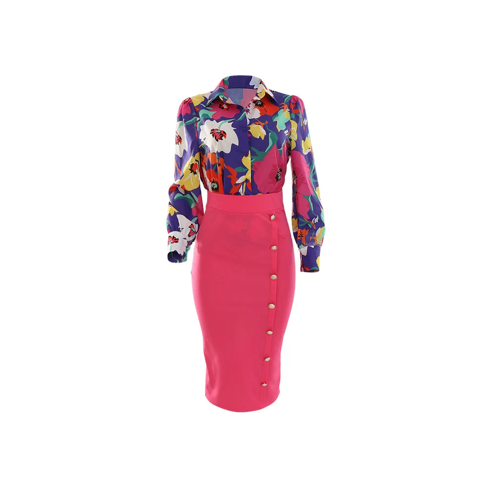 Elegant 2 Piece Set Women OL Outfits Fashion Business Long Sleeve Print Blouse Shirt High Waist Bodycon Skirt Sexy Office Work