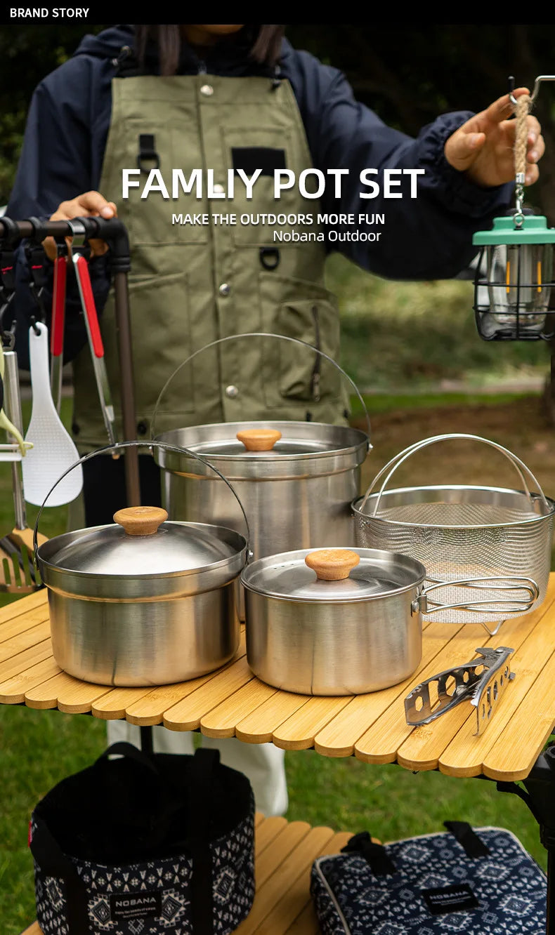 NOBANA Newest Outdoor Stainless Steel Pot Set Camping Family Pot Set 5L Portable Picnic Soup Pot Frying Steaming Household Pot