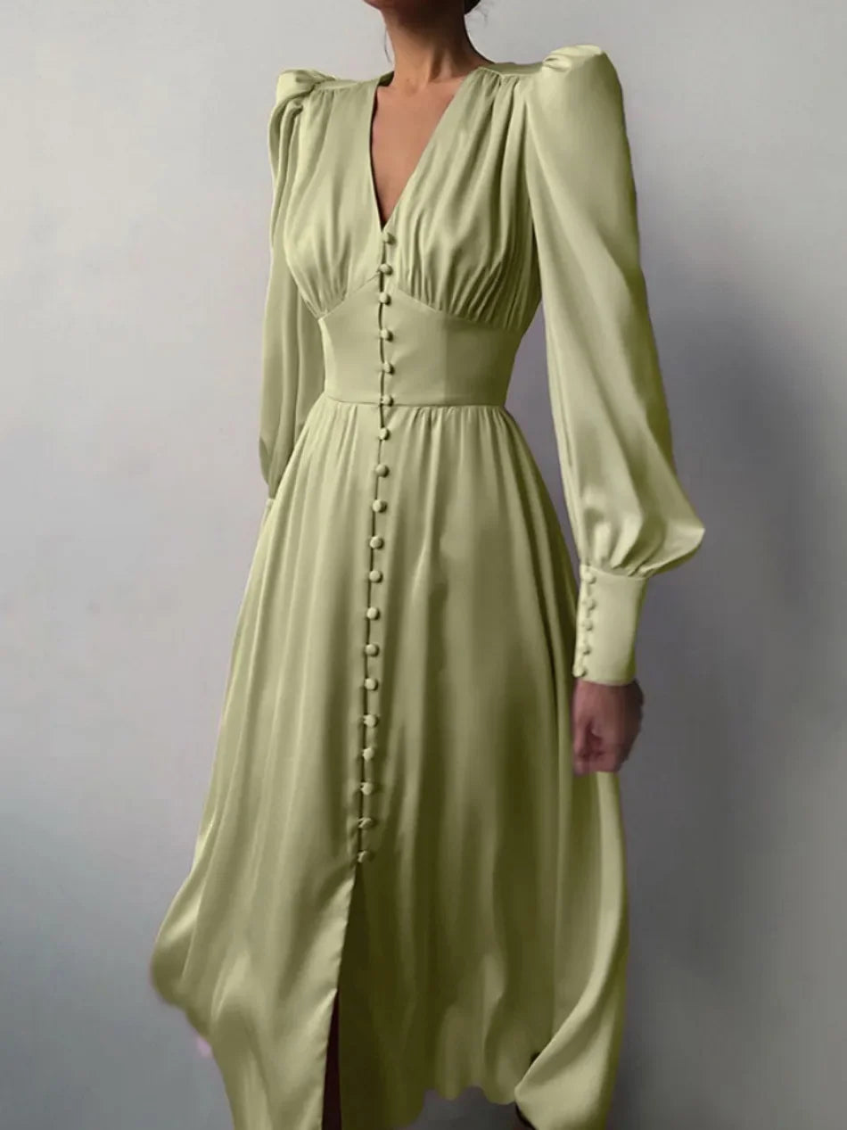 Elegante Mode Einreihig High Waist Satin Kleid - Midi Gr M