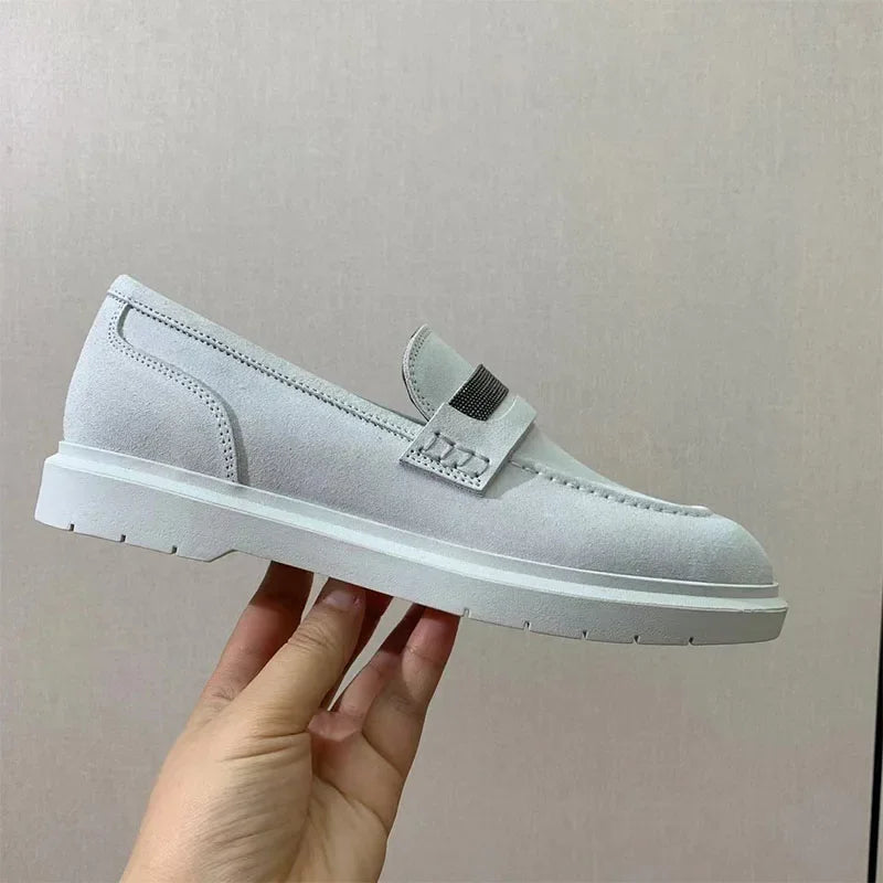 Luxus Damen Flache Schuhe 2025 - Wildleder Kette Perlen Runde Zehen - Slip-On Loafer Komfort Walking Schuhe