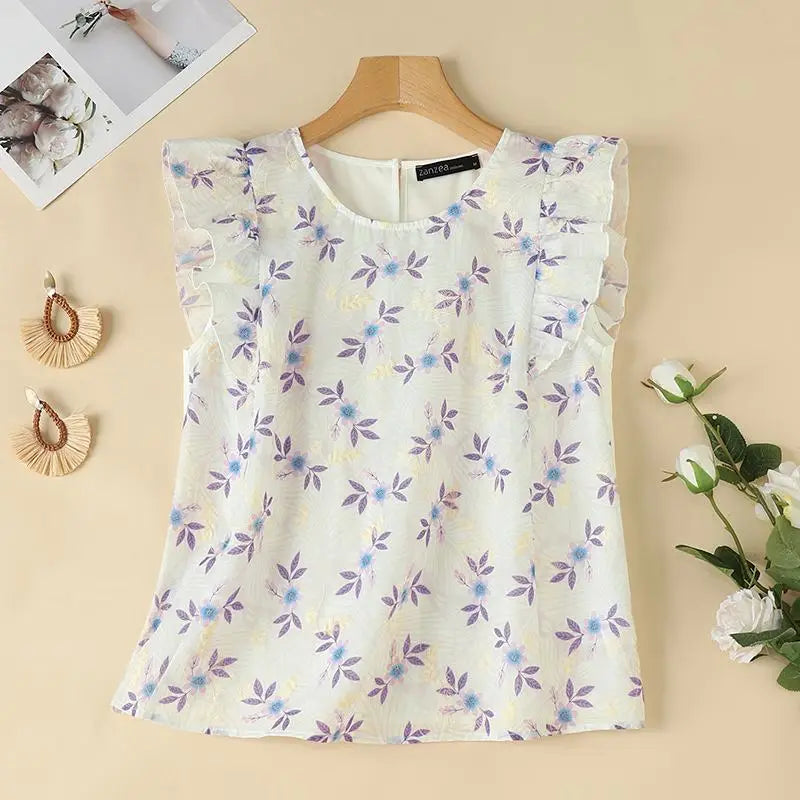 ZANZEA Fashion Spliced Ruffles Floral Blouses Women 2024 Summer Casual O Neck Embroidery Blusas Streetwear Sleeveless Tunic Tops