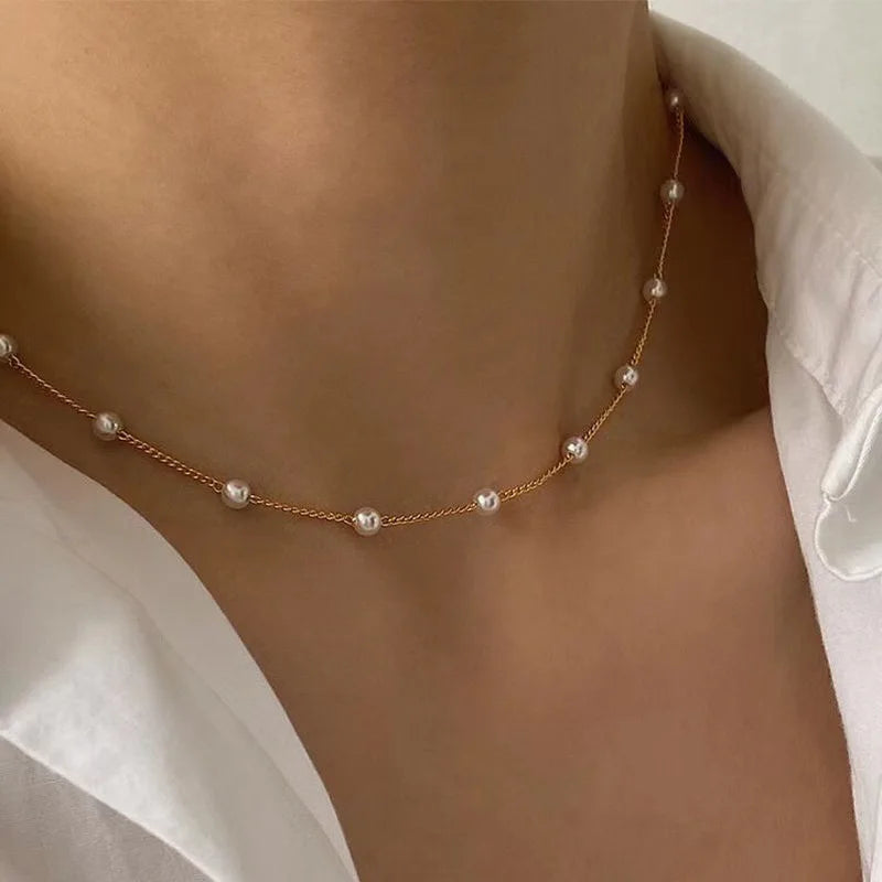 K-Pop-Choker 2025: Pearl-Beads Gold-Color - Goth Jewelry Collection