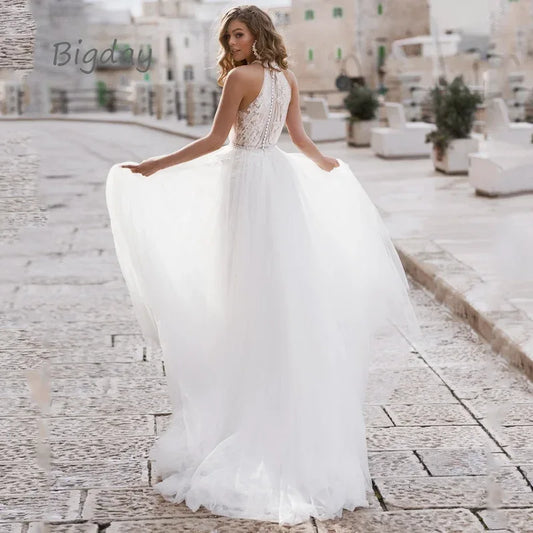Elegant A-Line Wedding Dress For Women 2025 Halter Lace Applique Sleevless Bridal Gown Train Tulle Vestidos De Novia Customized - Golden Bridge Store
